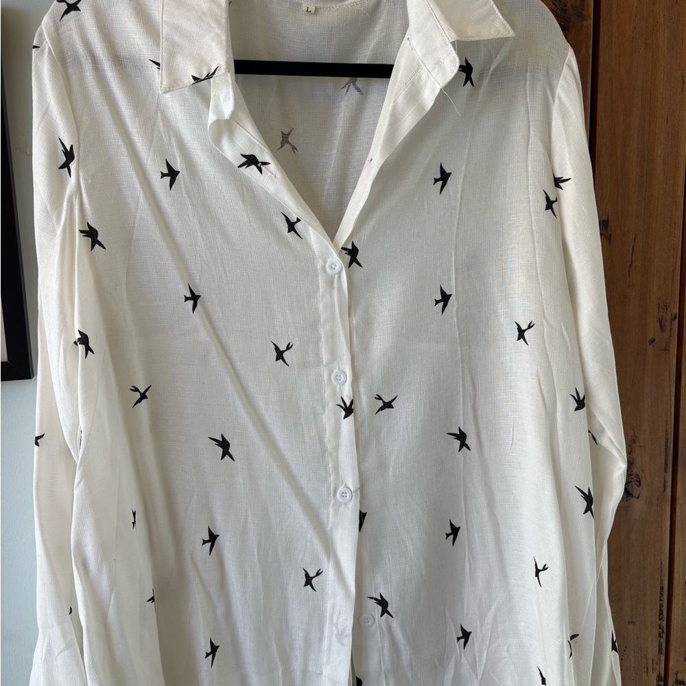 White Button-Up Shirt with Black Bird Print - women’s Casual Shirt